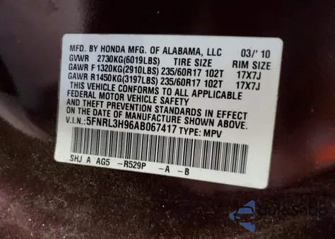2010 Honda Odyssey Touring z USA, uszkodzony, nr VIN 5FNRL3H96AB067417